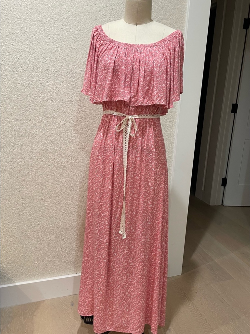 Pink Floral Off-Shoulder Maxi Dress